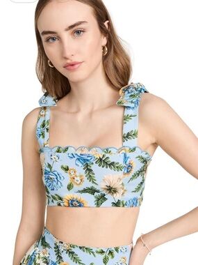 Agua Bendita Sky Blue Floral Scallop Crop Top